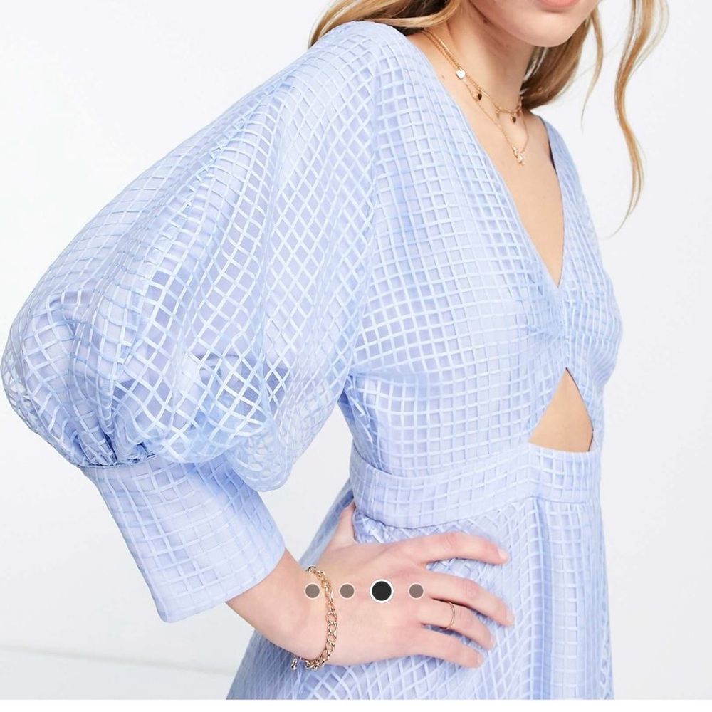 ASOS EDITION blouson sleeve midi dress in organza check in pale blue - Picture 4 of 8
